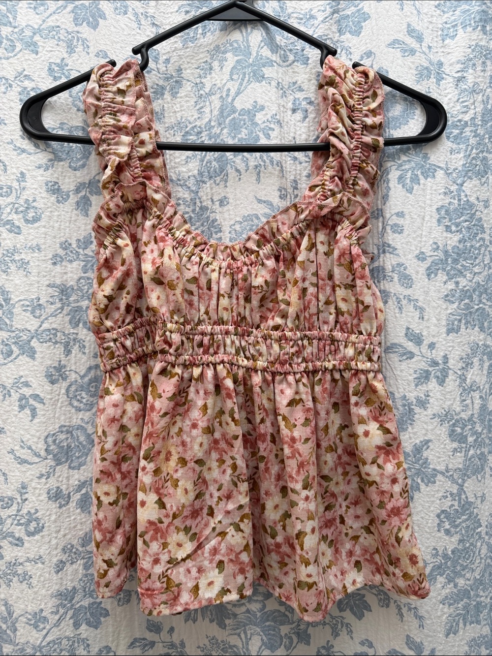 Women's Pink Floral Ruffle Tank Top